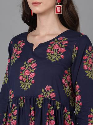 navy blue color printed pure cotton styles kurta palazzo with dupatta 2