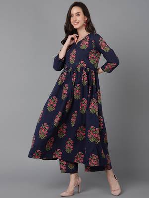 navy blue color printed pure cotton styles kurta palazzo with dupatta 3