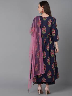 navy blue color printed pure cotton styles kurta palazzo with dupatta 4