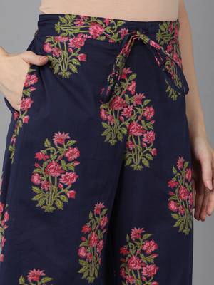 navy blue color printed pure cotton styles kurta palazzo with dupatta 5