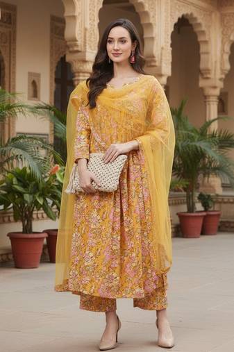 yellow color printed rayon styles kurta palazzo with dupatta
