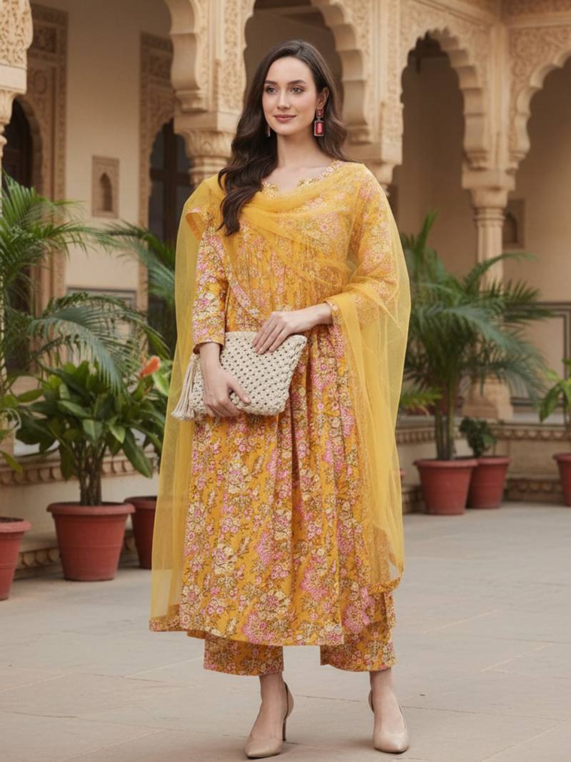 yellow color printed rayon styles kurta palazzo with dupatta