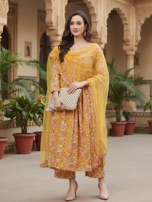 yellow color printed rayon styles kurta palazzo with dupatta 1