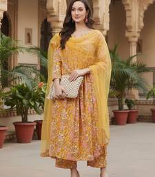 yellow color printed rayon styles kurta palazzo with dupatta