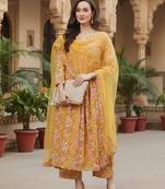 yellow color printed rayon styles kurta palazzo with dupatta