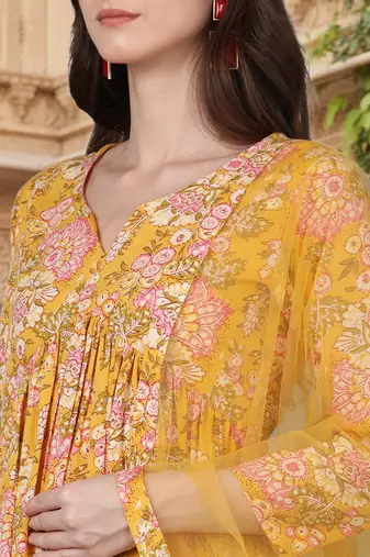 yellow color printed rayon styles kurta palazzo with dupatta