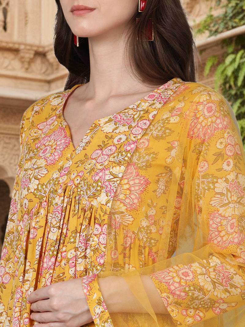 yellow color printed rayon styles kurta palazzo with dupatta