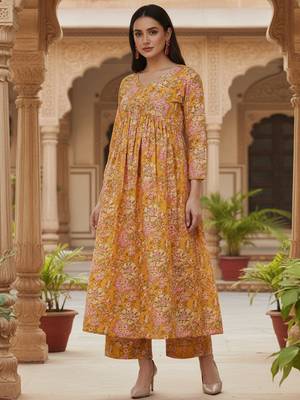 yellow color printed rayon styles kurta palazzo with dupatta 3