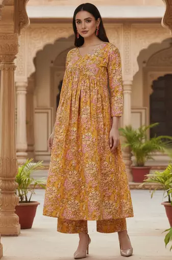 yellow color printed rayon styles kurta palazzo with dupatta