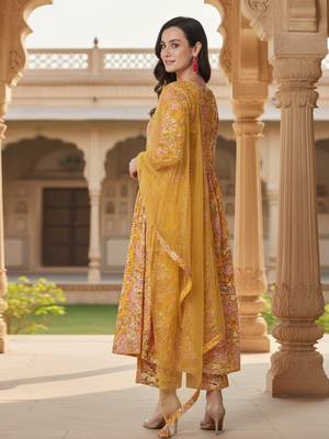 yellow color printed rayon styles kurta palazzo with dupatta 4
