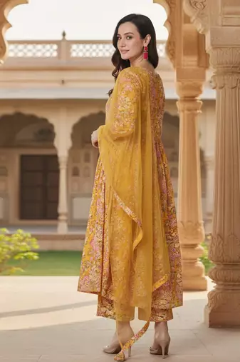 yellow color printed rayon styles kurta palazzo with dupatta