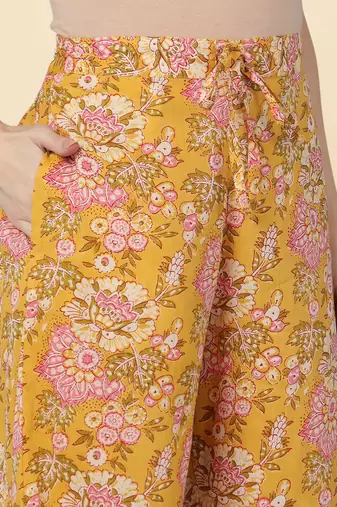 yellow color printed rayon styles kurta palazzo with dupatta