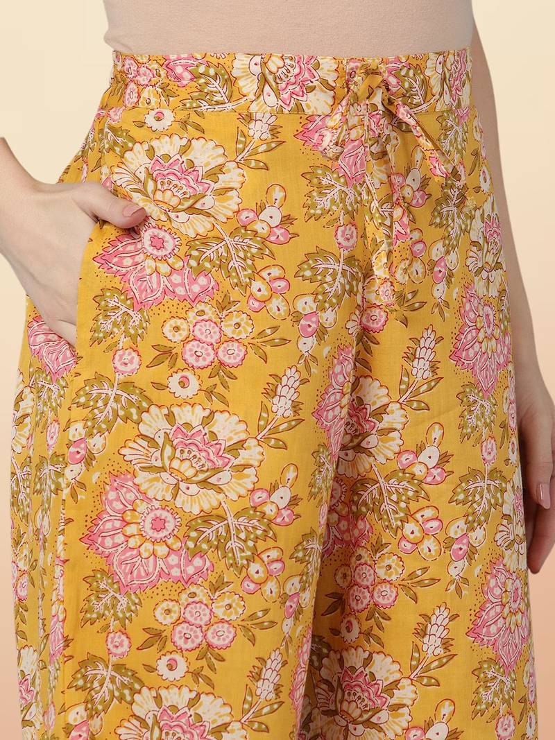 yellow color printed rayon styles kurta palazzo with dupatta