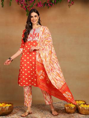 orange color embroidered pure cotton styles kurta trouser with dupatta 1