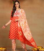 orange color embroidered pure cotton styles kurta trouser with dupatta