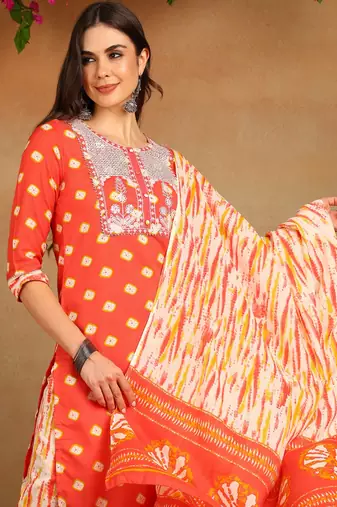 orange color embroidered pure cotton styles kurta trouser with dupatta