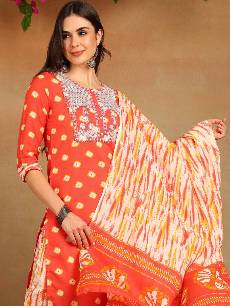 orange color embroidered pure cotton styles kurta trouser with dupatta