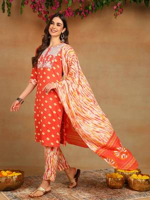 orange color embroidered pure cotton styles kurta trouser with dupatta 3