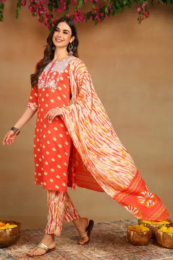 orange color embroidered pure cotton styles kurta trouser with dupatta