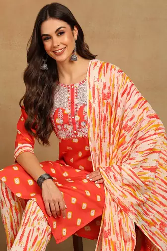 orange color embroidered pure cotton styles kurta trouser with dupatta