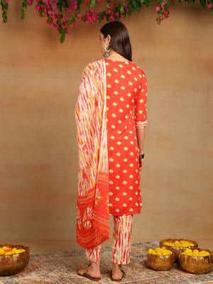 orange color embroidered pure cotton styles kurta trouser with dupatta 5