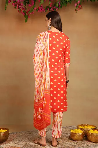 orange color embroidered pure cotton styles kurta trouser with dupatta
