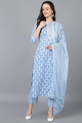 blue color printed pure cotton styles kurta trouser with dupatta