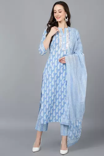 blue color printed pure cotton styles kurta trouser with dupatta