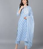 blue color printed pure cotton styles kurta trouser with dupatta