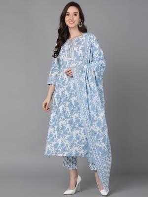 white color printed pure cotton styles kurta trouser with dupatta 1