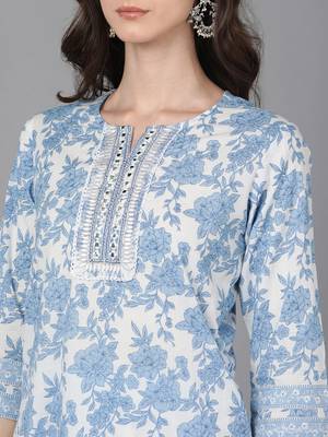 white color printed pure cotton styles kurta trouser with dupatta 2
