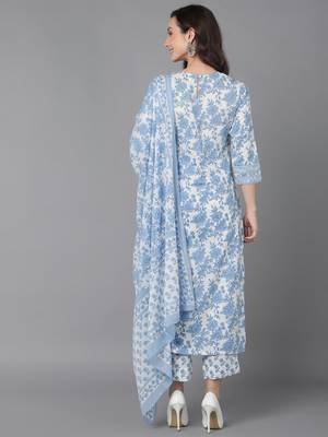 white color printed pure cotton styles kurta trouser with dupatta 4