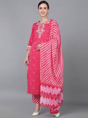 pink color embroidered pure cotton styles kurta trouser with dupatta 1