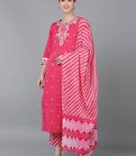 pink color embroidered pure cotton styles kurta trouser with dupatta
