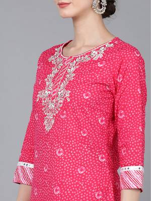 pink color embroidered pure cotton styles kurta trouser with dupatta 2