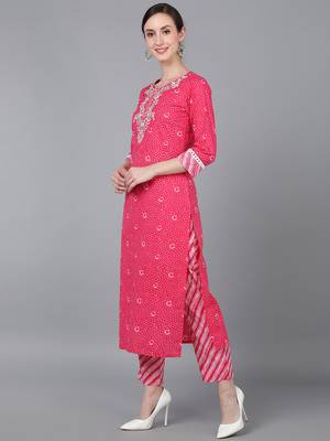 pink color embroidered pure cotton styles kurta trouser with dupatta 3