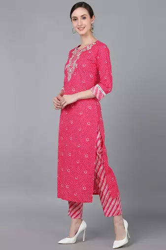 pink color embroidered pure cotton styles kurta trouser with dupatta
