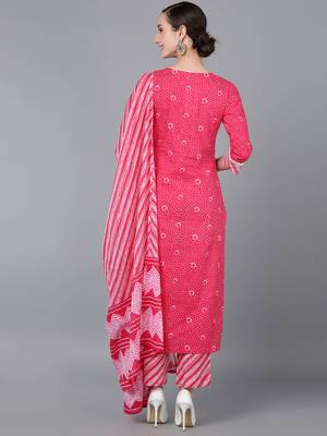 pink color embroidered pure cotton styles kurta trouser with dupatta 4