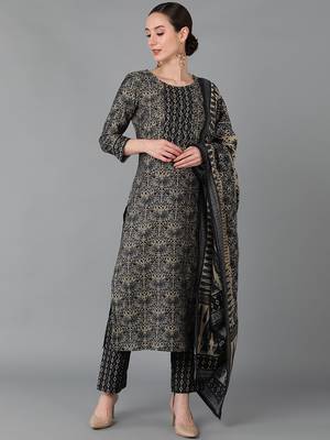 black color printed silk blend styles kurta trouser with dupatta 1