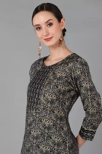 black color printed silk blend styles kurta trouser with dupatta