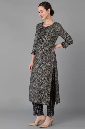 black color printed silk blend styles kurta trouser with dupatta