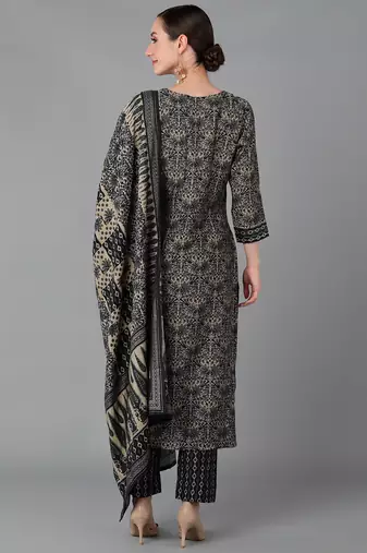 black color printed silk blend styles kurta trouser with dupatta