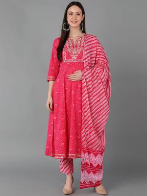 pink color embroidered pure cotton styles kurta trouser with dupatta 1