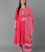pink color embroidered pure cotton styles kurta trouser with dupatta