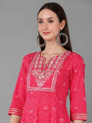 pink color embroidered pure cotton styles kurta trouser with dupatta 2