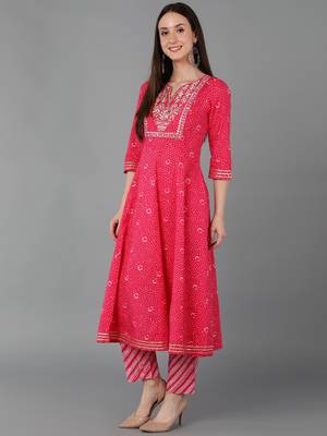 pink color embroidered pure cotton styles kurta trouser with dupatta 3
