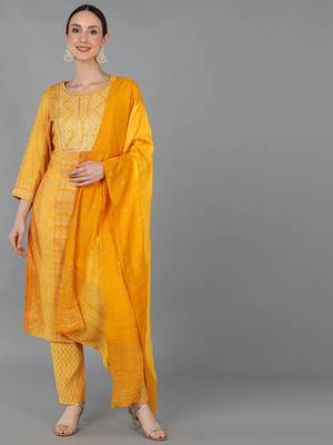 mustard color printed silk blend styles kurta trouser with dupatta 1