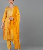 mustard color printed silk blend styles kurta trouser with dupatta