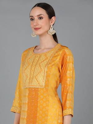 mustard color printed silk blend styles kurta trouser with dupatta 2