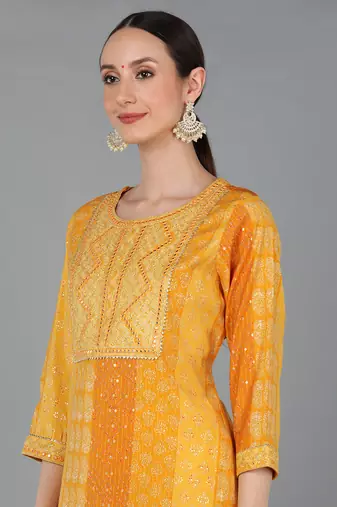 mustard color printed silk blend styles kurta trouser with dupatta